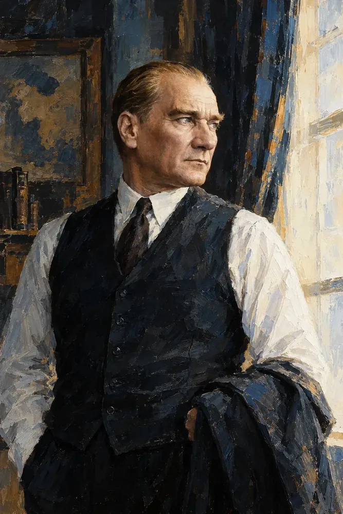 Atatürk Pencere Önünde Ceketi Kolunda Portre Kanvas Tablo