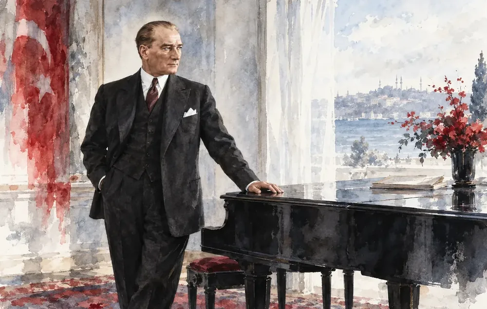 Atatürk Piyano ve Türk Bayrağı Suluboya Kanvas Tablo