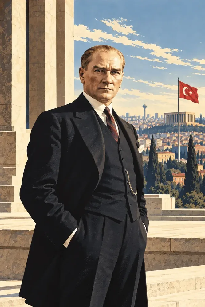 Atatürk Sütunlu Terasta Bayraklı Portre Kanvas Tablo