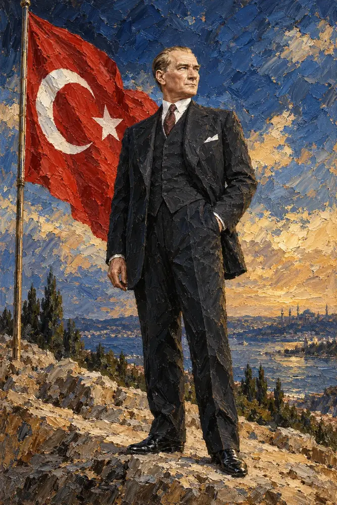 Atatürk Tepede Türk Bayrağıyla Manzara Kanvas Tablo