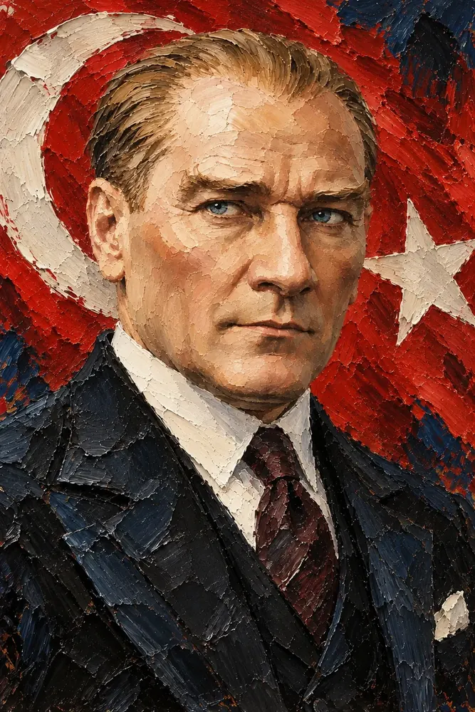 Atatürk Türk Bayrağı Önünde Kalın Fırça Portre Kanvas Tablo