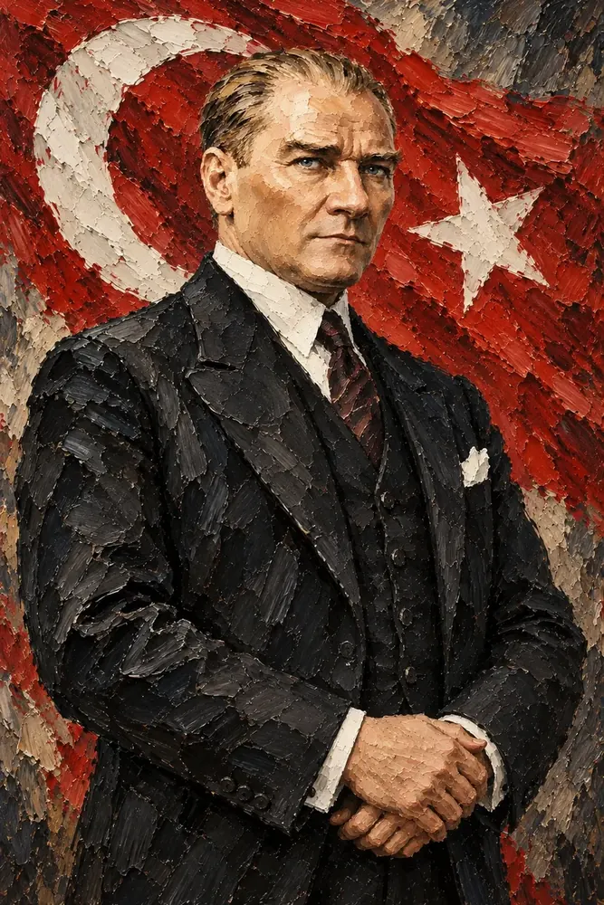 Atatürk Türk Bayrağı Önünde Otururken Kalın Fırça Kanvas Tablo
