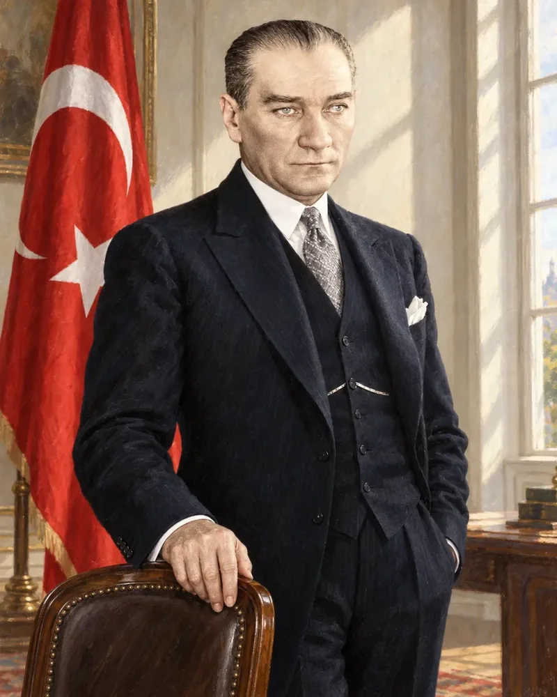Atatürk Türk Bayrağı Önünde Resmi Portre Kanvas Tablo