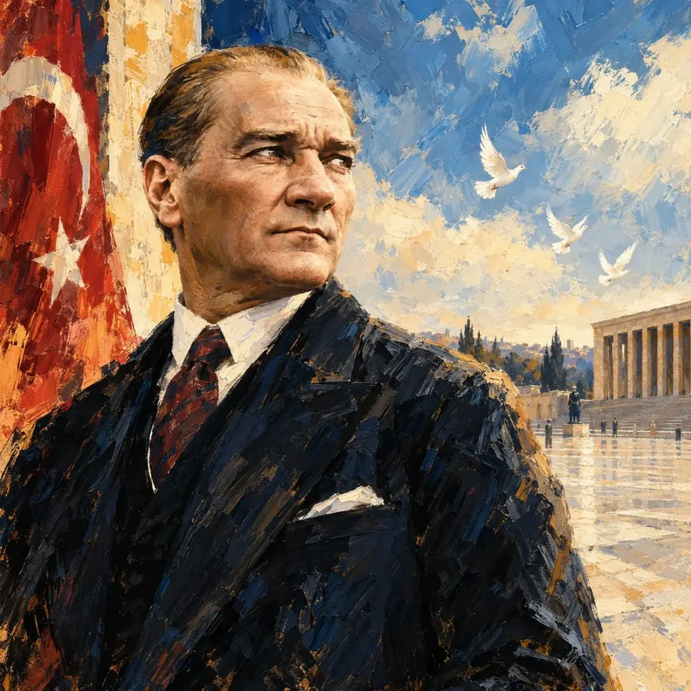 Atatürk Türk Bayrağı ve Güvercinlerle Portre Kanvas Tablo
