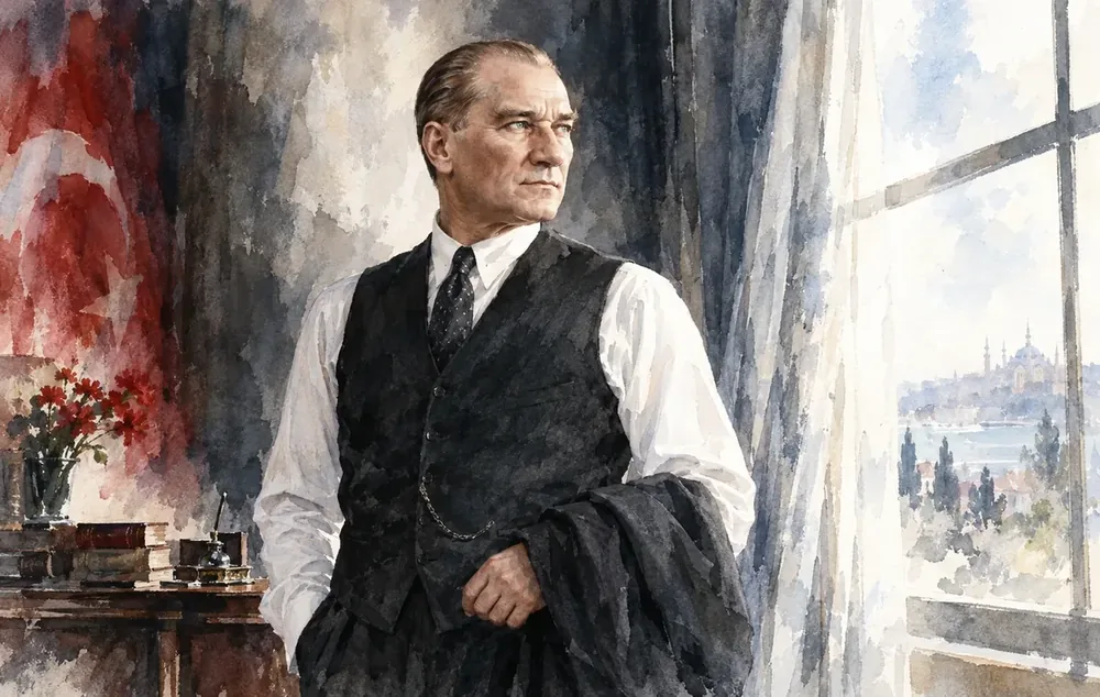 Atatürk Türk Bayrağı ve Pencere Suluboya Kanvas Tablo