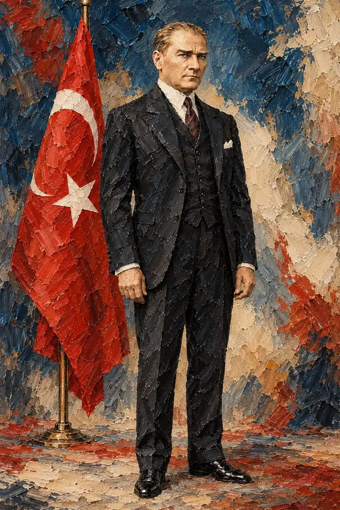 Atatürk Türk Bayrağı Yanında Boydan Portre Kanvas Tablo