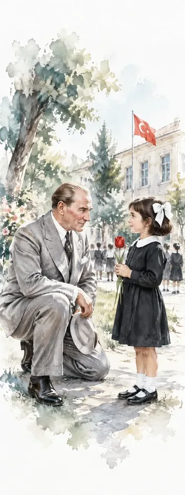 Atatürk ve Bayraklı Kız Çocuğu Suluboya Kanvas Tablo
