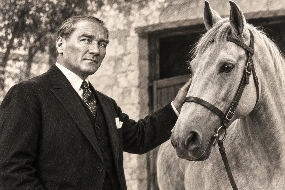Atatürk ve Beyaz At Karakalem Kanvas Tablo