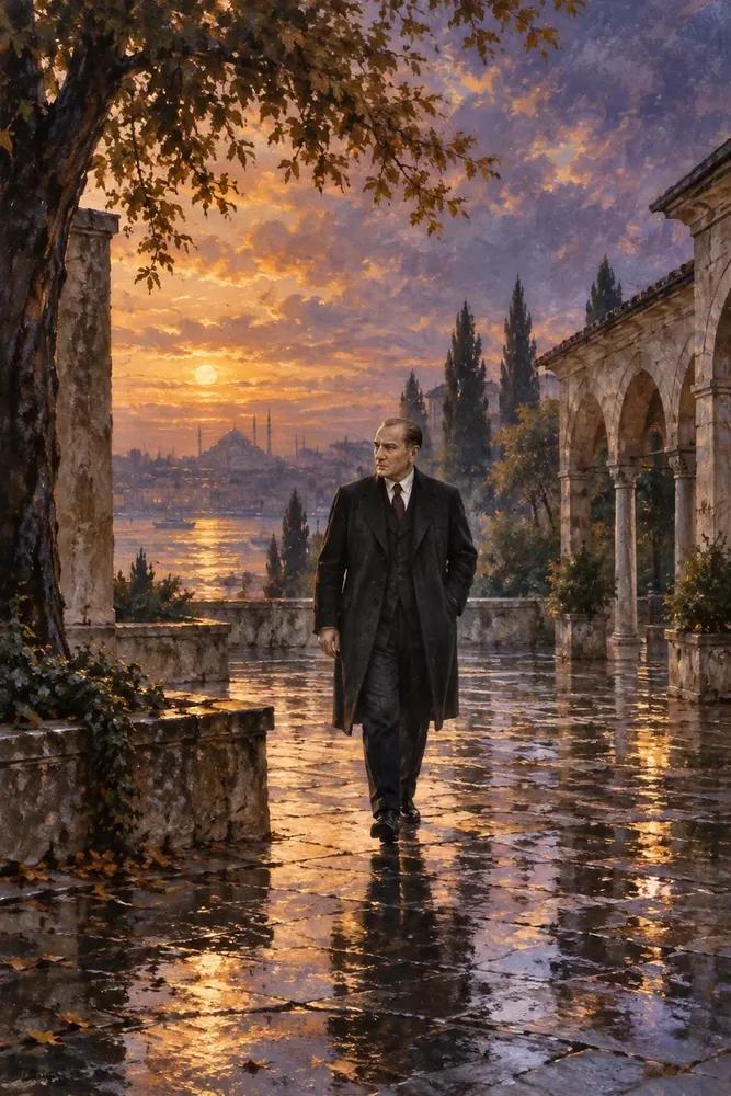 Atatürk Yağmur Sonrası Gün Batımında Yürürken Kanvas Tablo