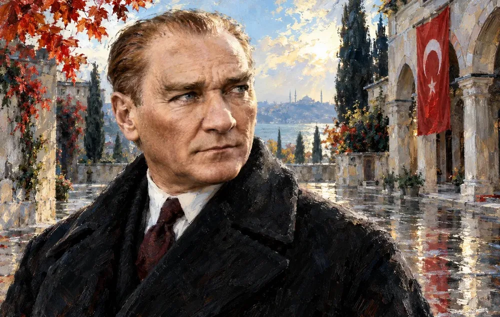 Atatürk Yağmur Sonrası Türk Bayraklı Portre Kanvas Tablo