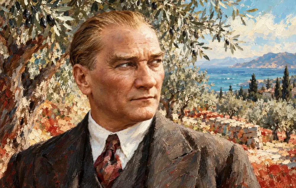 Atatürk Zeytin Ağaçları Önünde Yakın Portre Kanvas Tablo