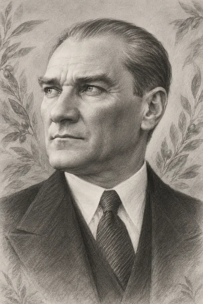 Atatürk Zeytin Dalları Karakalem Portre Kanvas Tablo