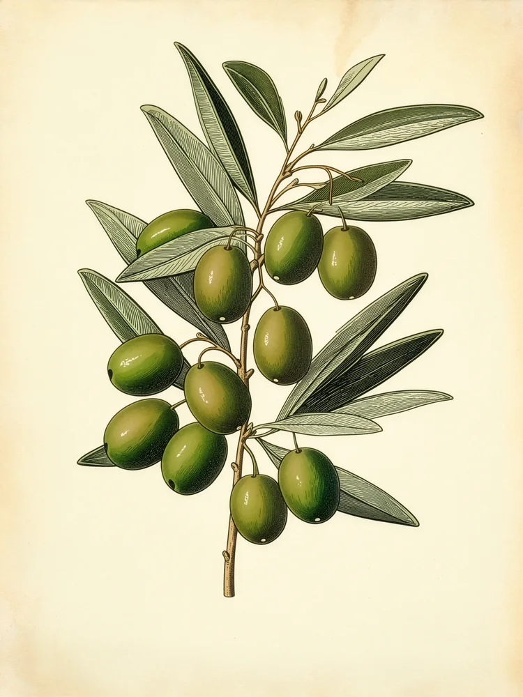 Vintage Botanik Zeytin Dalı Kanvas Tablo