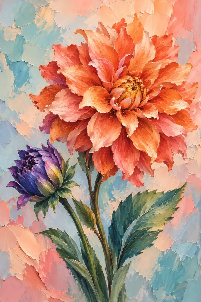Pastel Zeminde Turuncu Dalya Kanvas Tablo