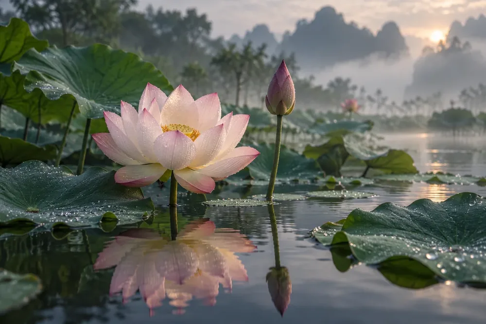 Sisli Gölde Lotus Çiçeği Kanvas Tablo