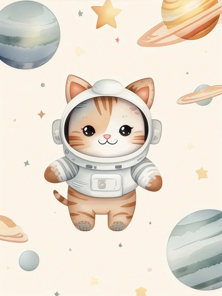 Gezegenlerde Kedi Astronot Çocuk Odası Kanvas Tablo