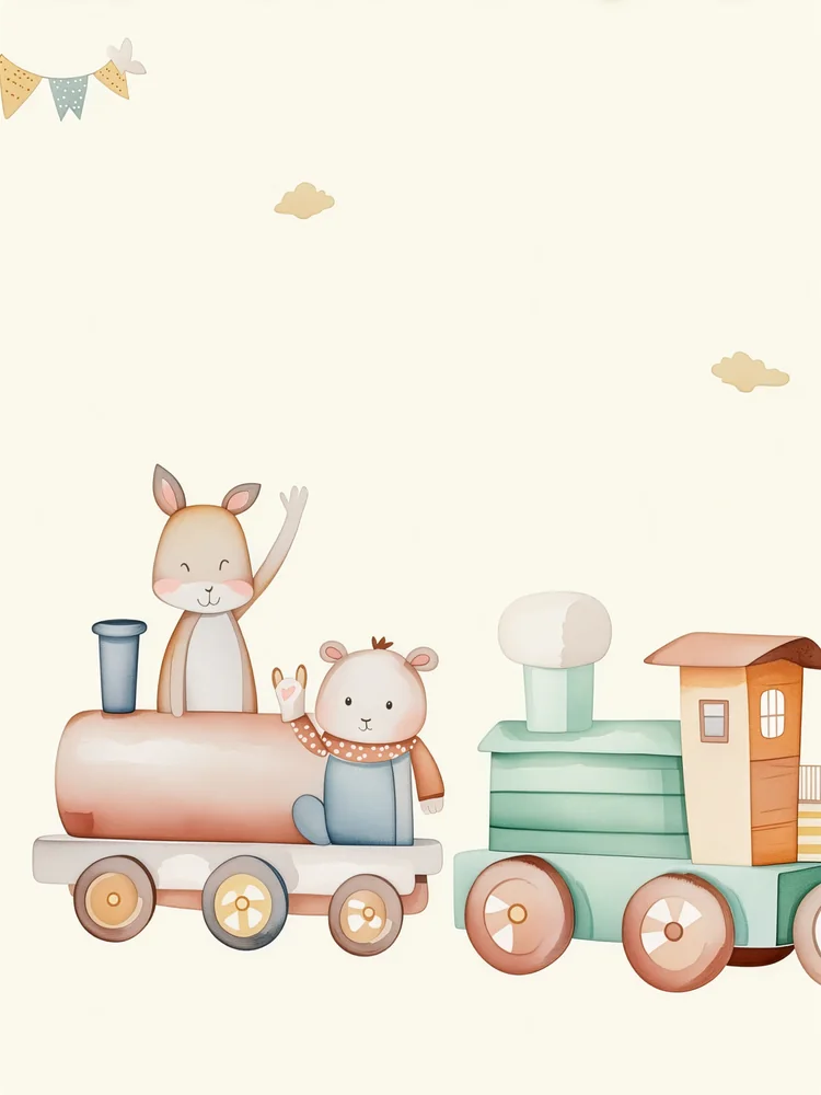 Hayvan Dostlarıyla Oyuncak Tren Çocuk Odası Kanvas Tablo