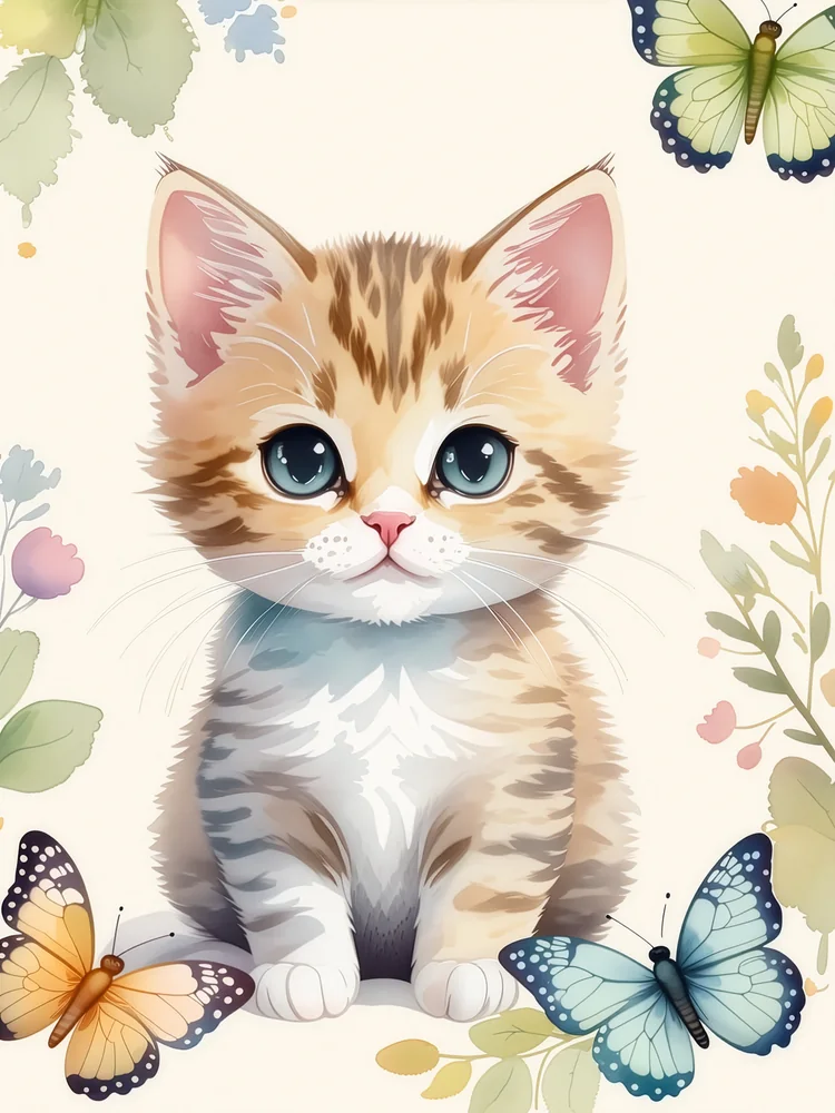 Kelebekli Yavru Kedi Çocuk Odası Kanvas Tablo