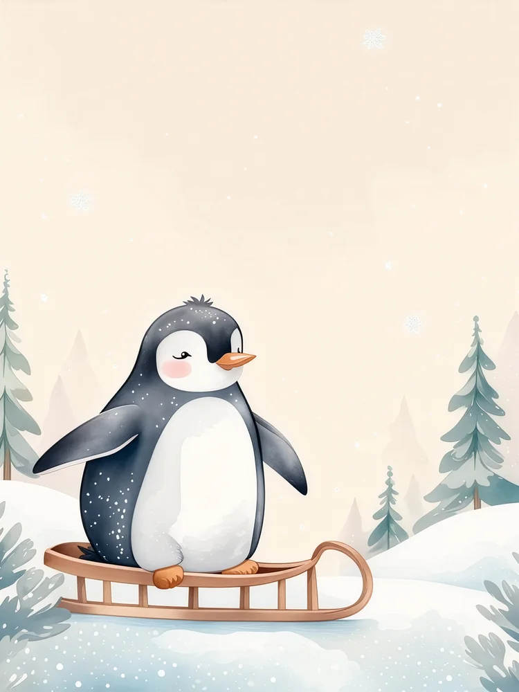 Kızak Kayan Penguenler Çocuk Odası Kanvas Tablo