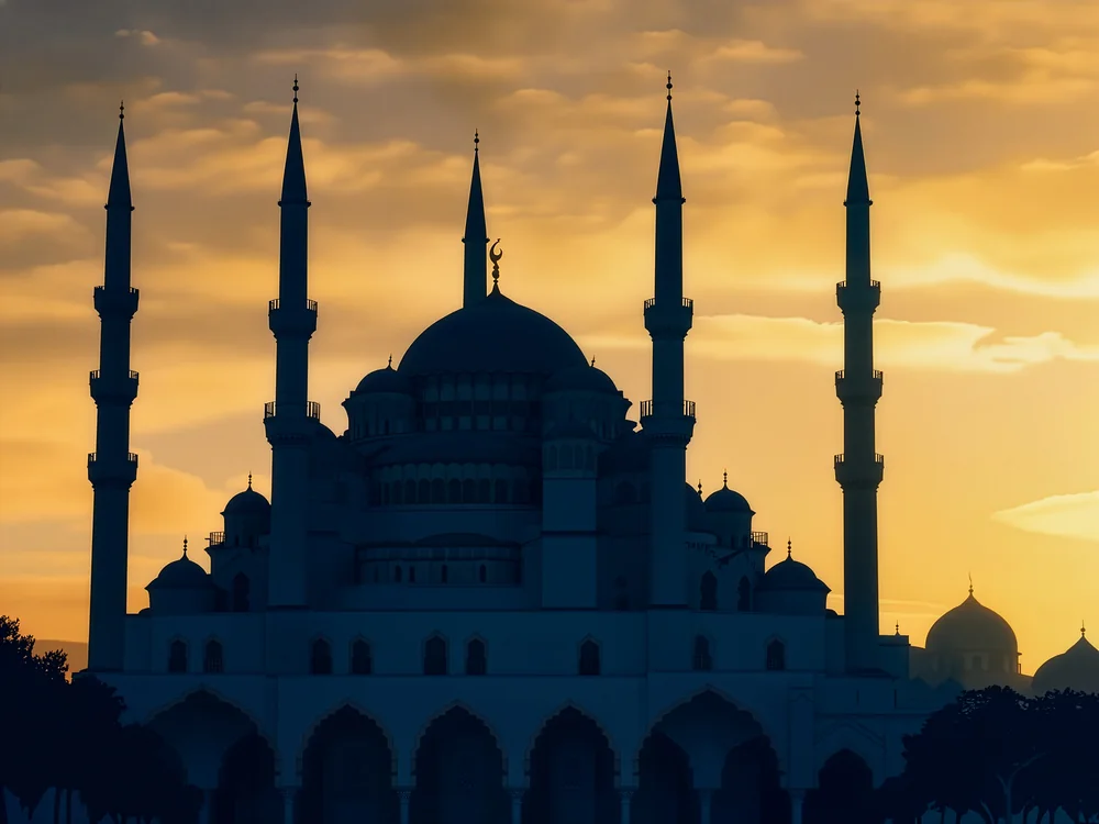 Altın Detaylı Gün Batımında Cami Kanvas Tablo