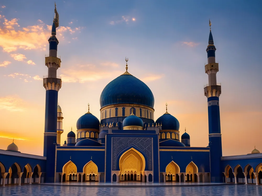 Altın Detaylı Mavi Cami Kanvas Tablo