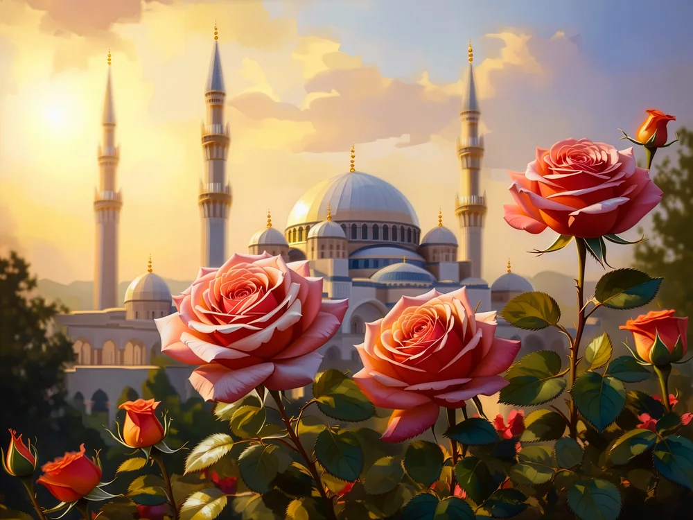 Gül ve Cami Kanvas Tablo