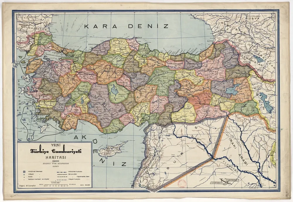 Anadolu Türk Kitaphanesi Yeni Türkiye Cumhuriyeti Haritası 1930 Kanvas Tablo