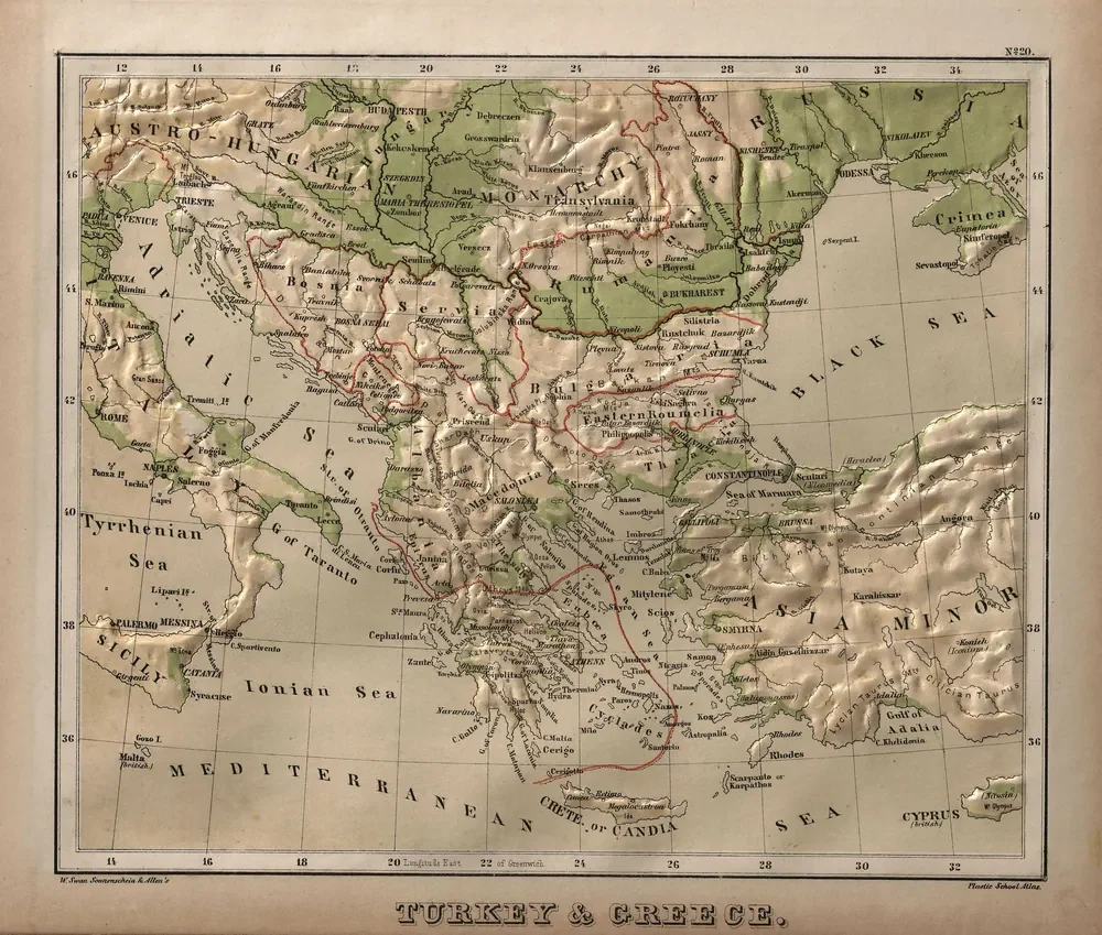 Swan Sonnenschein Yunanistan ve Batı Anadolu Fiziki Haritası 1880 Kanvas Tablo