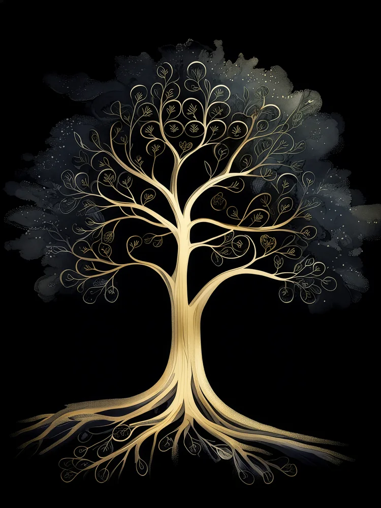 Siyah Zeminde Japon Hayat Ağacı Kanvas Tablo