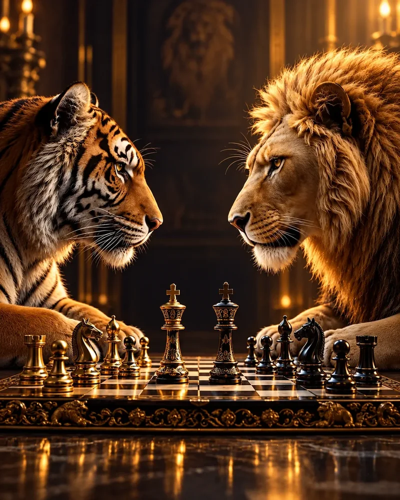 Aslan ve Kaplan Satrançta II Kanvas Tablo