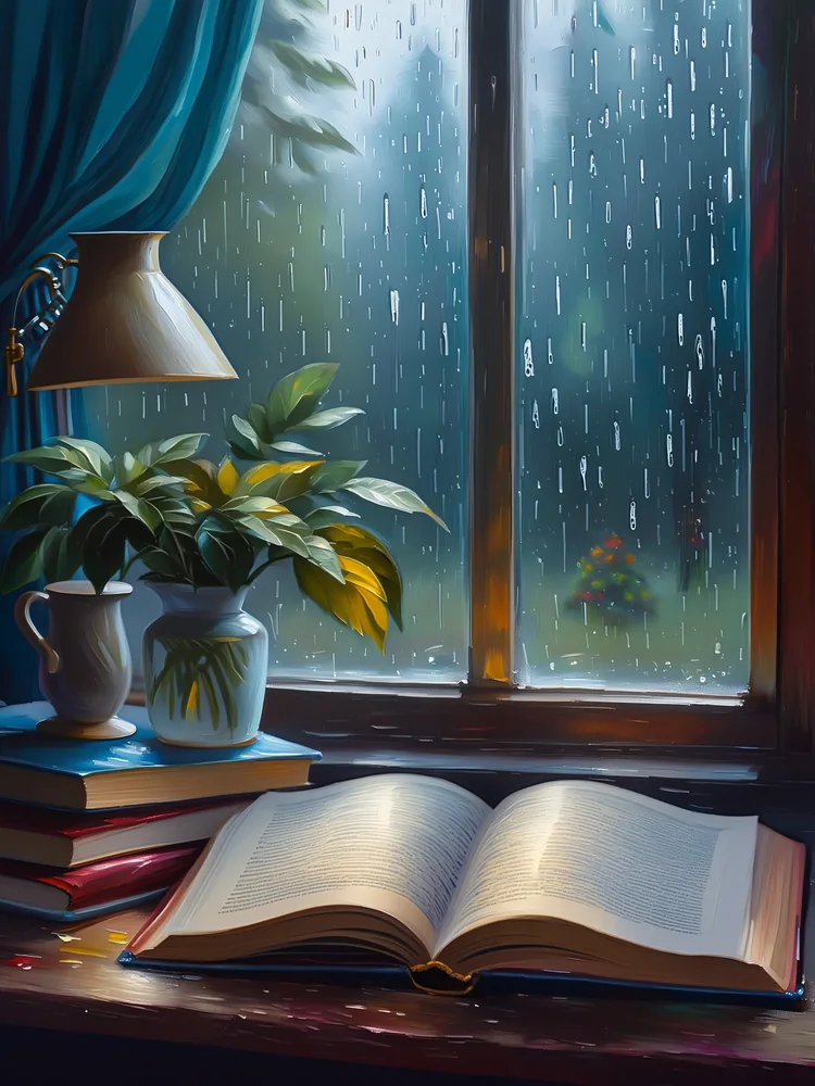 Kitap ve Yağmur Kanvas Tablo