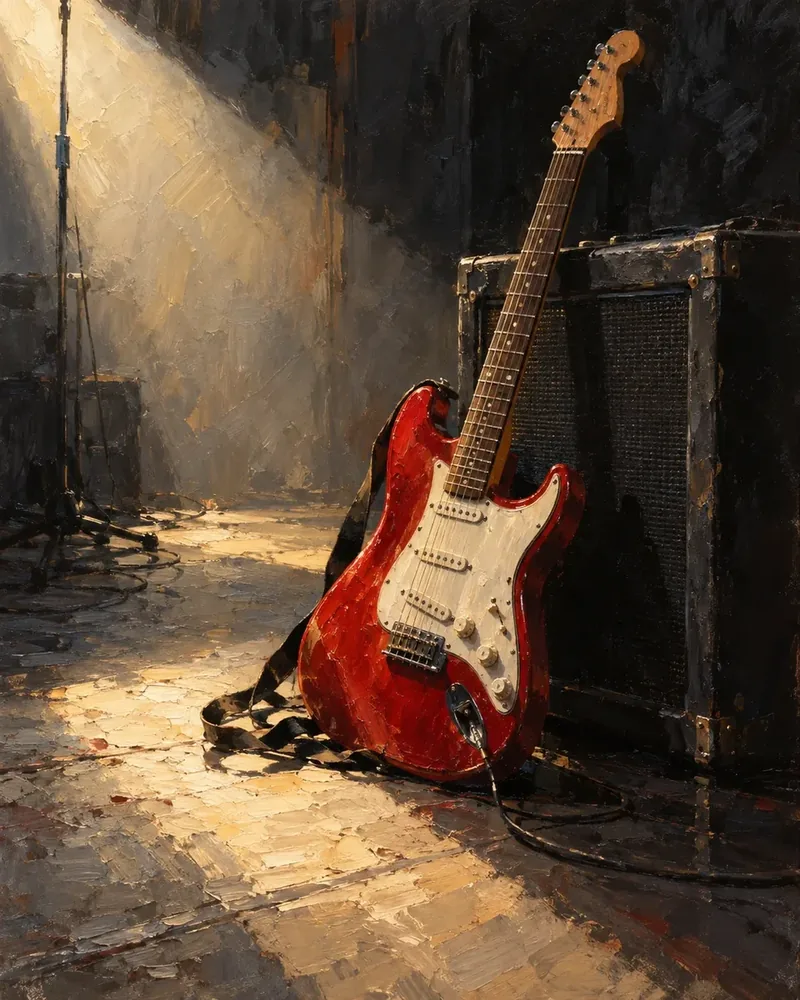 Spot Işığında Kırmızı Elektro Gitar Kanvas Tablo