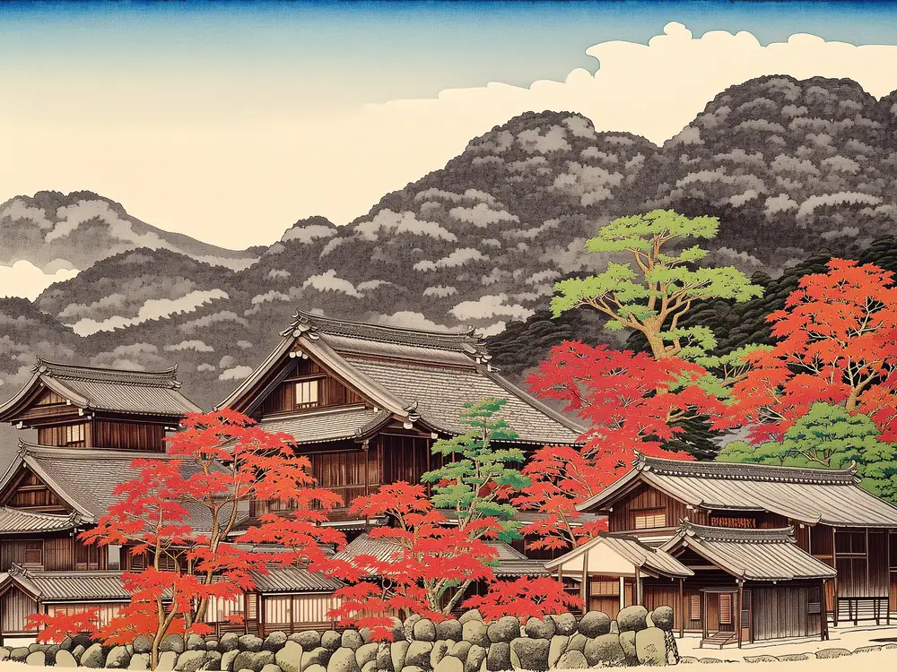Dağ Eteğinde Japon Evleri Kanvas Tablo