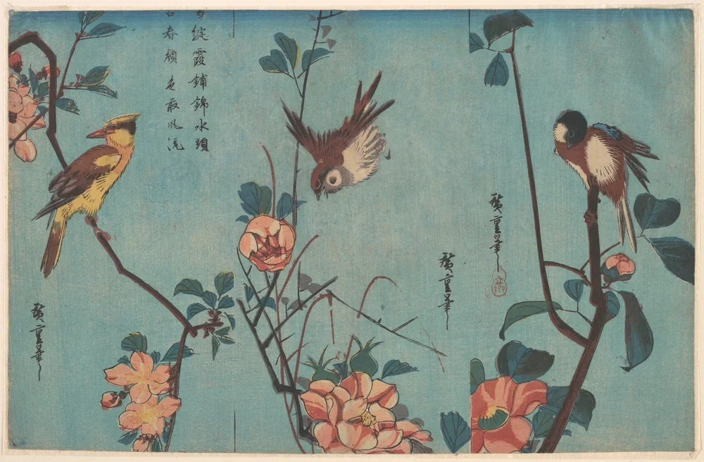 Hiroshige Kuşlar ve Çiçekler Üçlüsü Kanvas Tablo