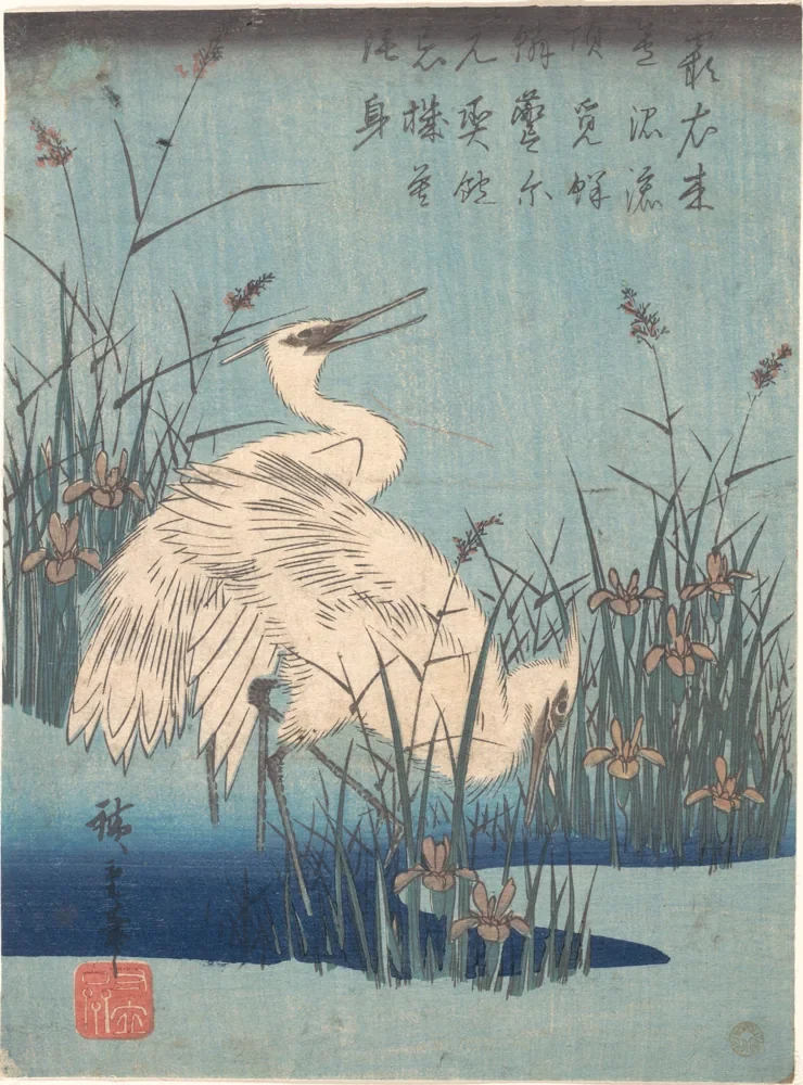Hiroshige Süsenler Arasında Ak Balıkçıllar Kanvas Tablo