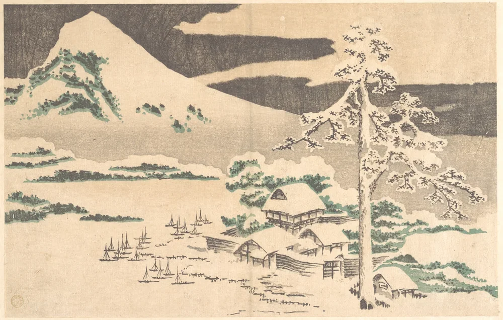 Hokusai Kışın Sahil Köyü Kanvas Tablo