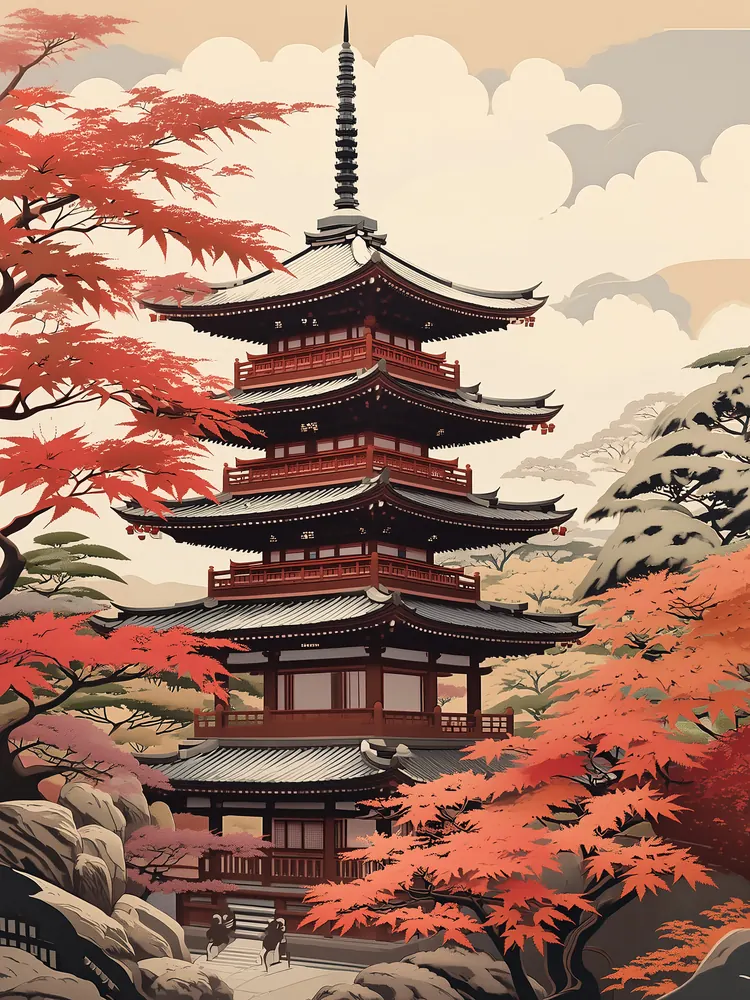 Japon Baskı Pagoda Kanvas Tablo