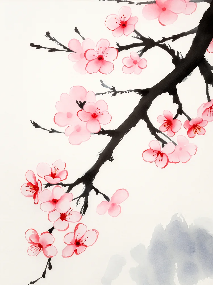 Japon Mürekkep Sakura Dalı Kanvas Tablo