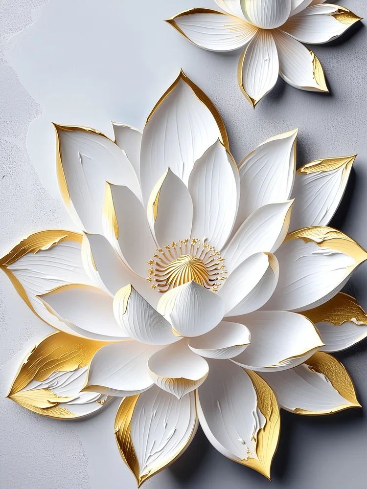Beyaz Altın Kabartma Görünümlü Lotus Kanvas Tablo