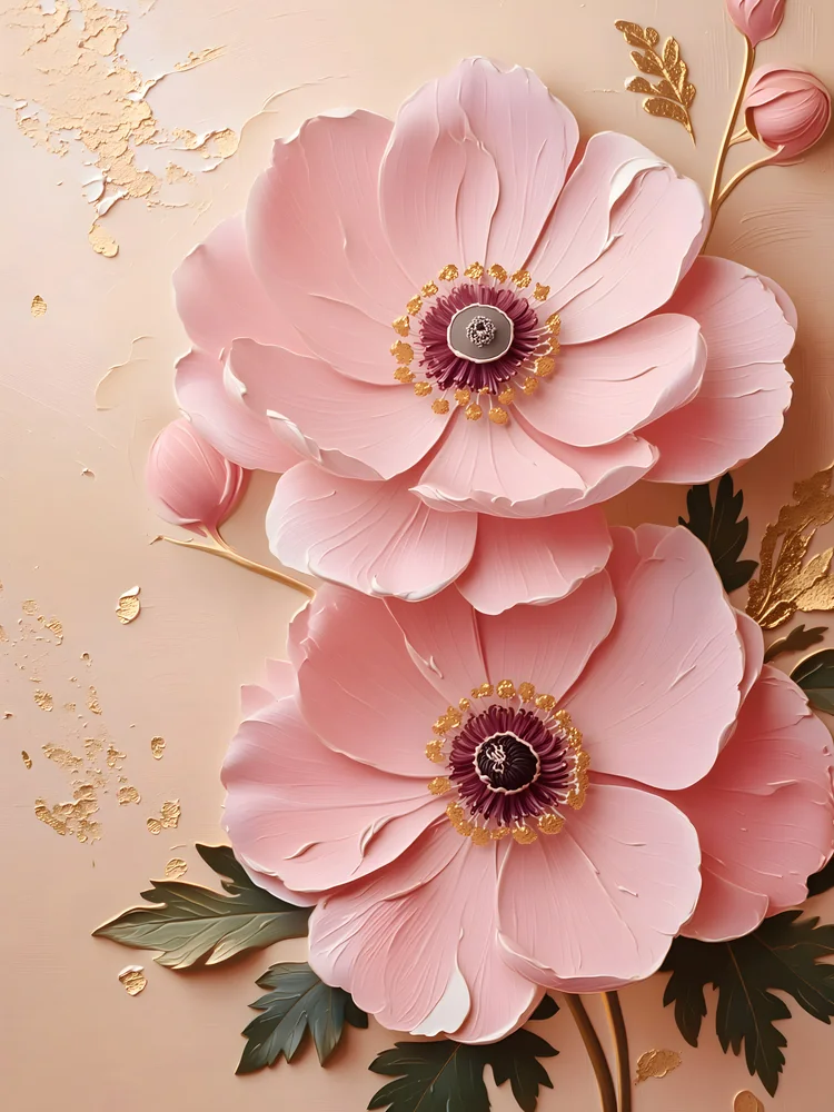 Kabartma Görünümlü Pembe Anemonlar Kanvas Tablo