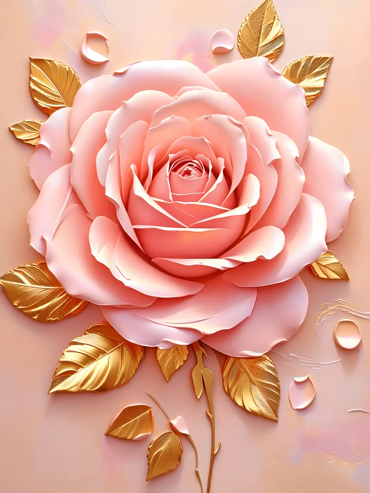 Kabartma Görünümlü Pembe Gül ve Altın Yapraklar Kanvas Tablo