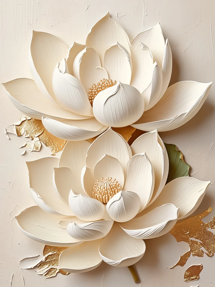 Krem Kabartma Görünümlü Lotus Kanvas Tablo
