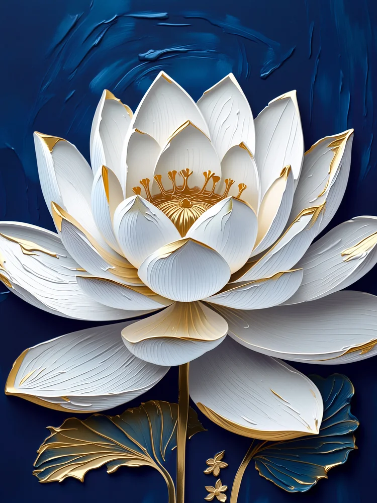 Lacivert Kabartma Görünümlü Lotus Kanvas Tablo