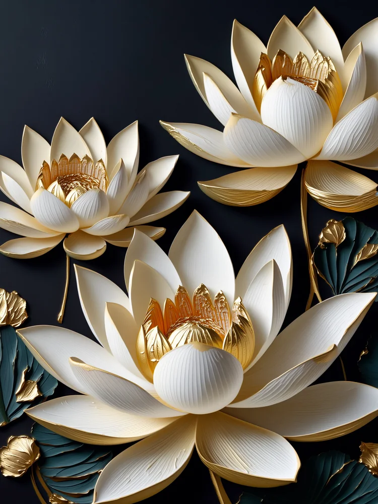 Siyah Altın Kabartma Görünümlü Lotus Kanvas Tablo