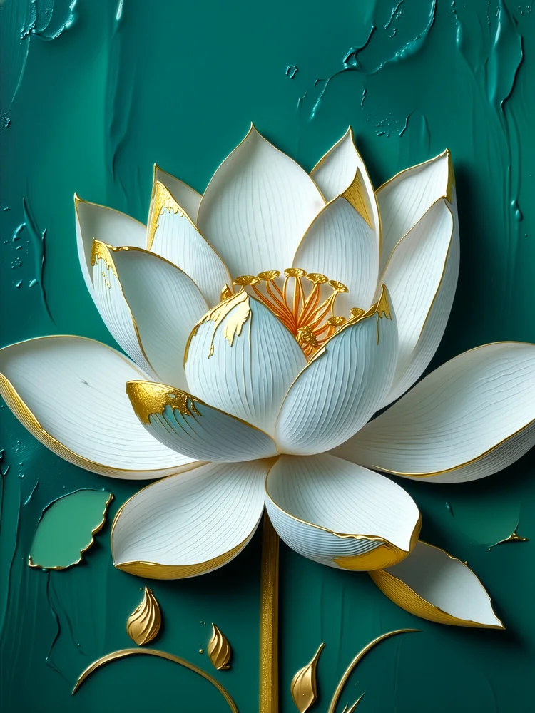 Zümrüt Kabartma Görünümlü Lotus Kanvas Tablo
