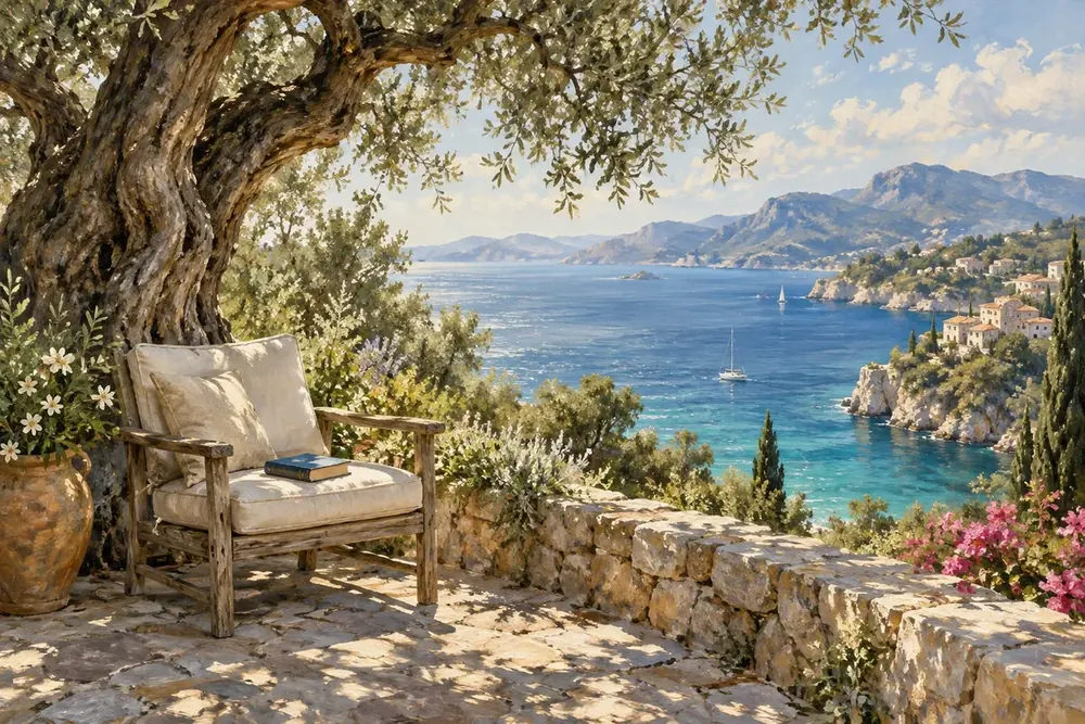 Deniz Manzaralı Bahçede Koltuk Kanvas Tablo