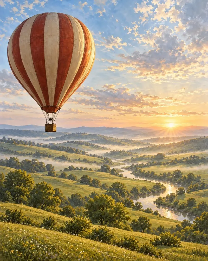 Gün Batımında Vadide Sıcak Hava Balonu Kanvas Tablo