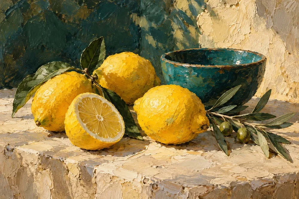 Limonlar ve Turkuaz Kase Natürmort Kanvas Tablo