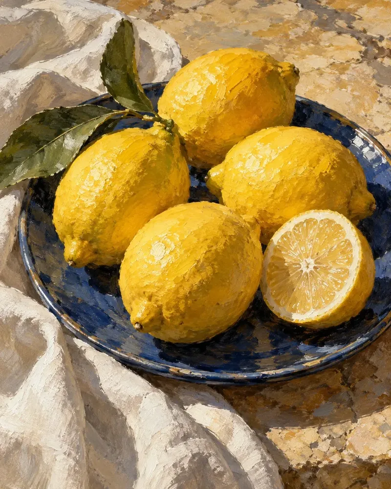 Mavi Tabakta Limonlar Natürmort Kanvas Tablo