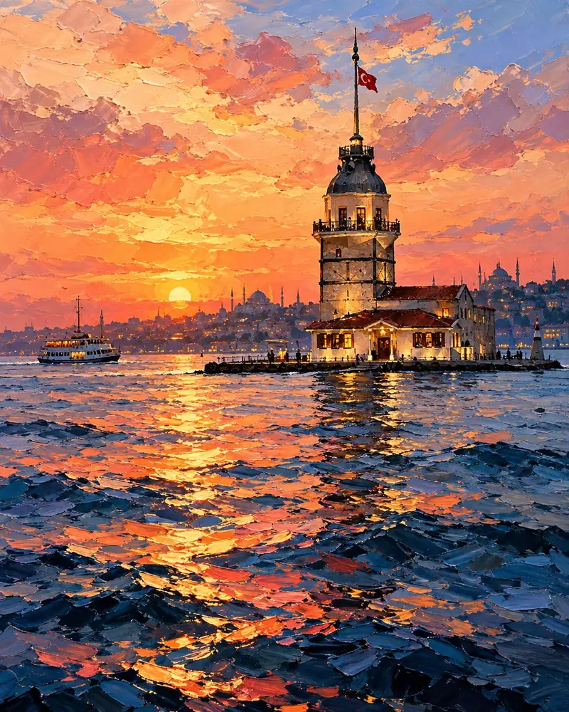 Akşamda Kız Kulesi Kanvas Tablo